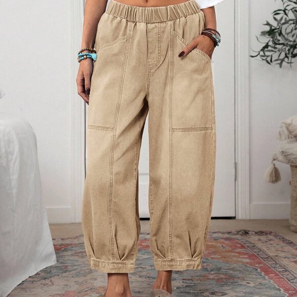 Khaki Casual Women's Vintage Elastic Waist Jeans - Picture 4 of 6